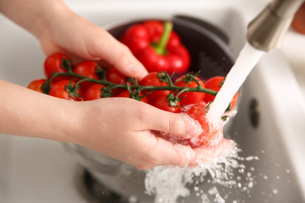 Mains d'une femme qui lavent des tomates