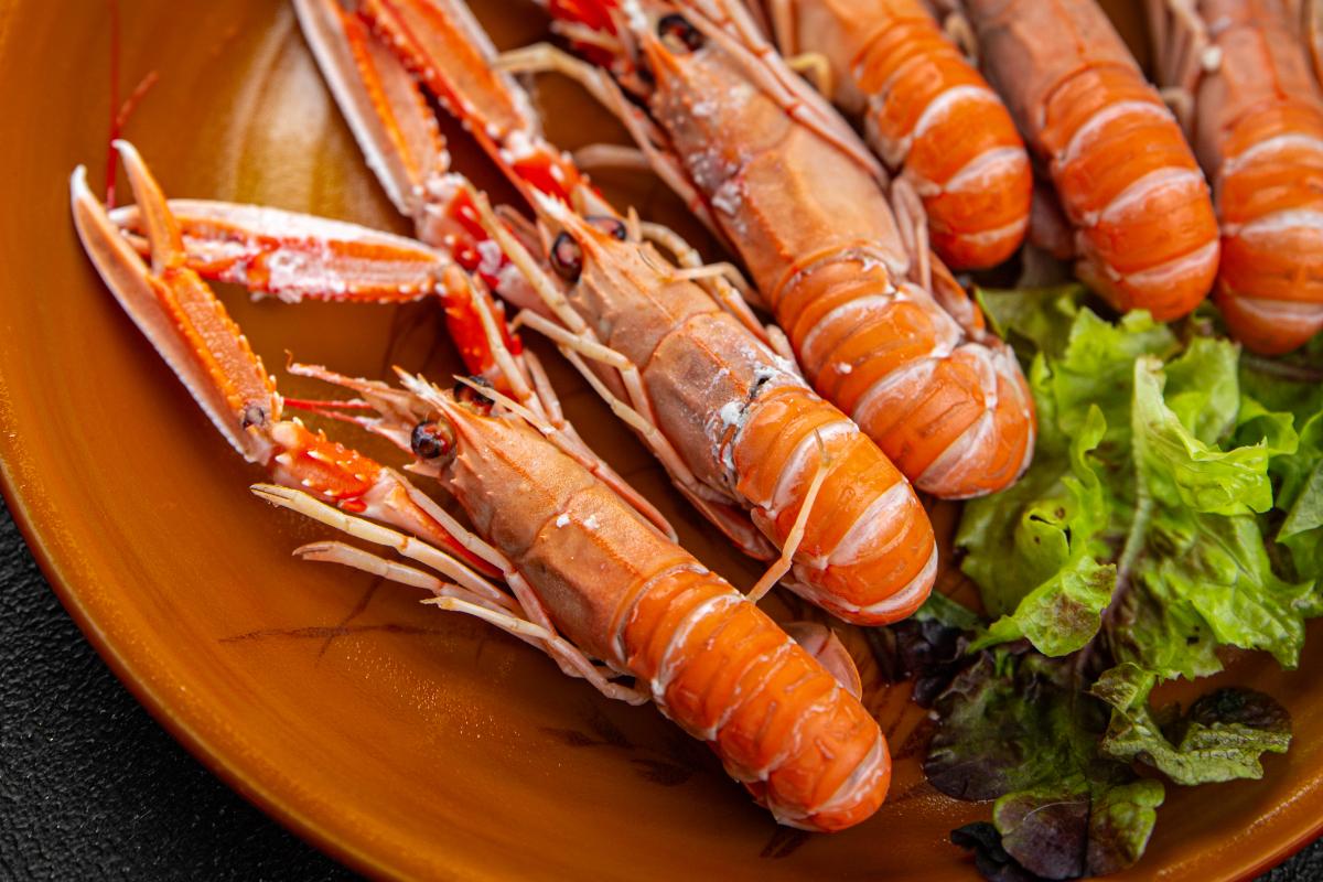 Plat de langoustine avec laitue verte et fraîche
